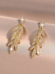 1pair Luxury Marquise Cubic Zirconia Tassel Drop Earrings, Gold Plated Leaf Shiny CZ Dangle Earrings, Bridal Wedding Party Statement Evening Jewelry - Yellow Gold - View 5