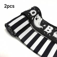 2 Rolls Halloween Ghost Pattern And Black & White Striped Ribbon Set - 6.3cm Width With Wire Edge - Suitable For Halloween Holiday Decoration, Gift Wrapping, Handmade DIY Bows, Quirky Theme Decor Ribbon - Black and White - View 7