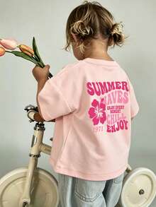 Blusa de manga corta con cuello redondo con estampado lindo de flor y letra para niñas bebé - Rosa - Ver 8