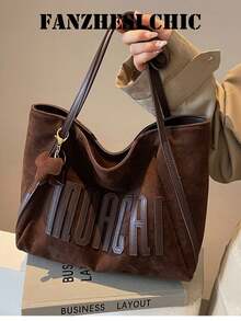 Fashion Solid Shoulder Bag Contrast Leather Letter Applique Detachable Elephant Soft Slouchy Tote Bag For Ladies Daily Workplace Use Large Capacity - Coffee - View 5