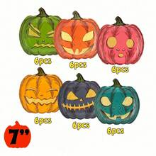 12/36 Stücke 6 sortierte Halloween-Pappteller, Einweg-Essenssteller in Kürbisform 7 Zoll + 9 Zoll, süße Geistergesicht-Dekoration, Halloween-Party-Zubehör (Durchschnittsmischung) - Kürbisteller - Übersicht 9