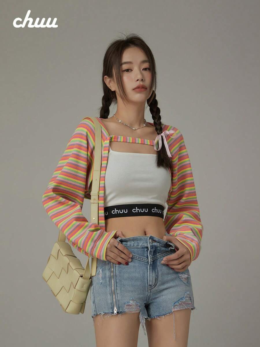 CHUU Rainbow Striped Jacket Women's Summer Youthful Chic Loose Versatile Long Sleeve Short Cover-Up - Multicolor - View 1