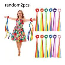 2pcs Rainbow Wristband Set, Adult Dancer Colorful Satin Ribbon, Artistic Gymnastics Dance Streamer Colorful Elastic Satin Ribbon, Handheld Artistic Tassel Dance Prop Gift, Bowknot Decoration, Suitable For Birthday Party, Outdoor Sports, Various Colors (Random) - Multicolor - View 7