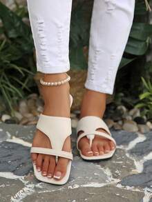Women's Fashion Square Toe Open Toe Thong Slide Sandals, Comfortable Slip-On Daily Hot Girl Style - Beige - View 4