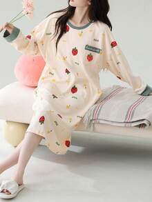 1 buah Baju Tidur Wanita, Baju Tidur Model Pullover Motif Buah, Leher Bulat, dengan Kantong, Lengan Panjang, Nyaman untuk Dipakai di Rumah - Sampanye - View 7