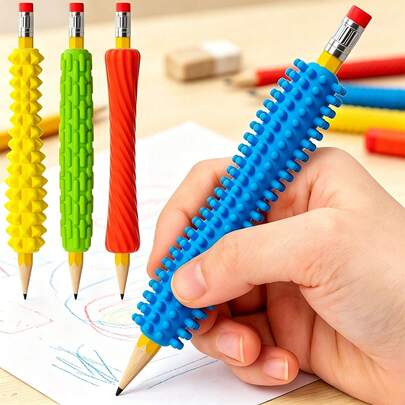 5 piezas de agarres de lápiz de silicona texturizada, lápiz sensorial, herramienta de ayuda para la escritura, barril de bolígrafo de silicona ergonómico, barril de bolígrafo ajustable y corrección de postura, agarre cómodo antideslizante, escritura para aliviar el estrés, con soporte de bolígrafo de silicona adhesiva mejorado - para paredes, portapapeles, escritorios, accesorios de suministros de oficina y suministros para maestros, soporte de bolígrafo flexible
