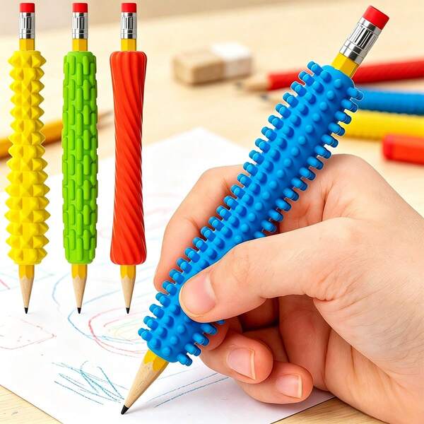 5 piezas de agarres de lápiz de silicona texturizada, lápiz sensorial, herramienta de ayuda para la escritura, barril de bolígrafo de silicona ergonómico, barril de bolígrafo ajustable y corrección de postura, agarre cómodo antideslizante, escritura para aliviar el estrés, con soporte de bolígrafo de silicona adhesiva mejorado - para paredes, portapapeles, escritorios, accesorios de suministros de oficina y suministros para maestros, soporte de bolígrafo flexible