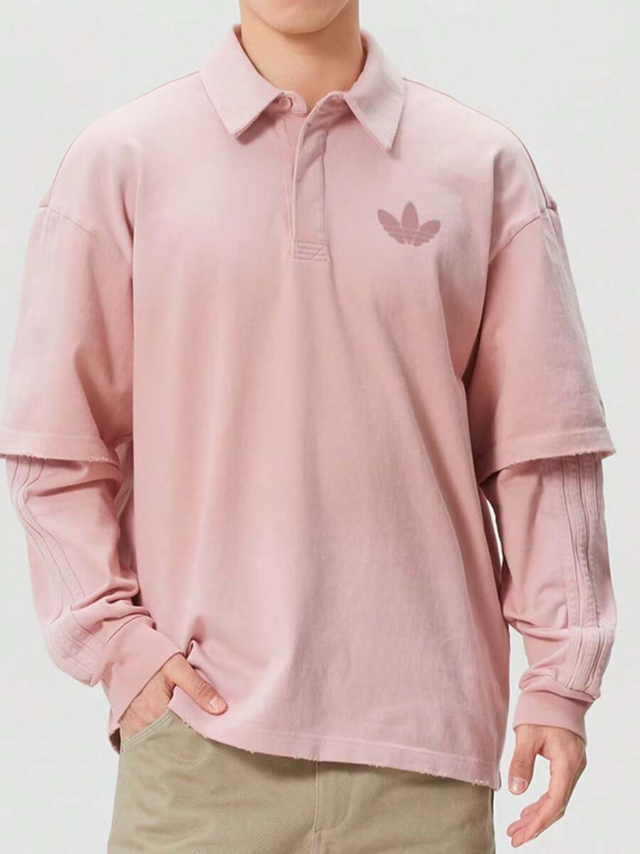 Adidas 三葉草男子新款假兩件運動服休閒長袖POLO衫 - 粉色 - 查看 1