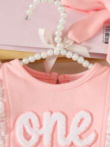 Baby Girl 2pcs Set Casual Cute Knitted Fleece Letter Embroidery Ruffle Bow Decor Bodysuit With Headband, Suitable For Daily Wear And Party - Pink - View 5