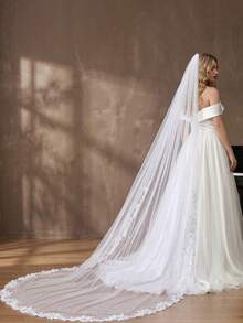 1pc Lace Sequin Trim Faux Pearl Decorated Long Cathedral Length Bridal Veil With Hair Comb, Wedding Dress Photography Accessory - White - View 5