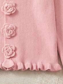 Romantic Pink Round Neck Knit Cardigan 3D Rose Fasteners Ruffle Edge Long Sleeve For Fall Holiday Brunch City Strolls - Pink - View 10