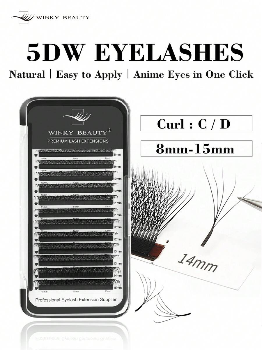 Winky Beauty 12 Rows 5D W-Shape Automatic Fan Mesh False Eyelashes, Quick Bloom Hand-Woven Pre-Made Fan-Shaped Dense Cashmere-Feel Fine Eyelash Clusters, Single Eyelash