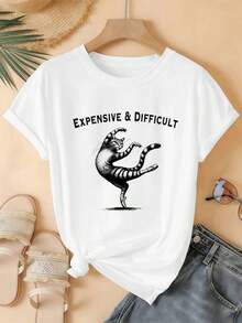 Funny Dancing Cat Graphic Tee, Quality Fabric, Crew Neck, Loose Fit, Comfortable, Hip-Hop Street Style - White - View 2