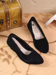 1 Pair Pointed Toe Chunky Heel Flat Shoes, Suitable For Little Girls, European And American Style, Solid Color Minimalist Design, Suitable For Daily Wear - Black - View 5