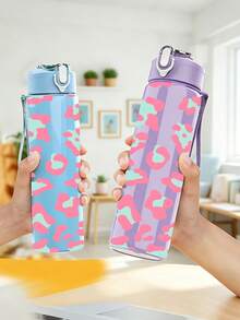 1pc/5pcs 750ml Soft Pink Leopard Print Sports Water Bottle, Flip Lid Design, Reusable Lightweight Leak-Proof Portable Travel Drinking Cup, Suitable For Daily Use And Outdoor Sports - Multi-color - Blue Leopard Print - View 4