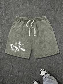 Men's Vintage Washed Cotton Shorts, Letter Print Pattern, Elastic Waist Drawstring Casual Shorts, Versatile Design Suitable For Summer - Army Green - View 1