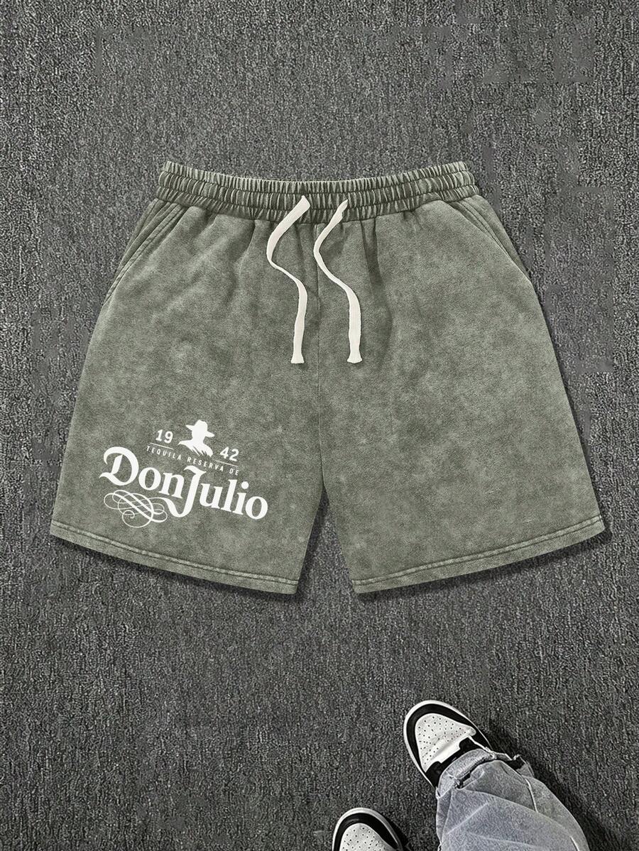 Men's Vintage Washed Cotton Shorts, Letter Print Pattern, Elastic Waist Drawstring Casual Shorts, Versatile Design Suitable For Summer - Army Green - View 1