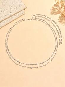 2pcs/Set Minimalist Elegant Double Layer Waist Chain, Starry Rhinestone Decorated Silver Chain Waist Chain, Gentle Elegant Layered Body Chain For Women, Suitable For Mature Style, Daily Commute, Party And Vacation Occasions - Multicolor - View 2