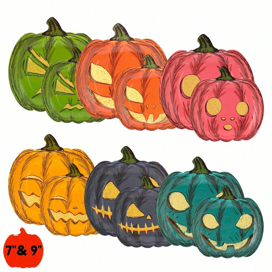 12/36 Stücke 6 sortierte Halloween-Pappteller, Einweg-Essenssteller in Kürbisform 7 Zoll + 9 Zoll, süße Geistergesicht-Dekoration, Halloween-Party-Zubehör (Durchschnittsmischung) - Kürbisteller - Übersicht 1