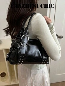 Black Shiny PU Handbag, Silver Rivet Decor D-Ring Adjustable Top Handle Small Shoulder Bag For Street Daily Outfit - Black - View 3
