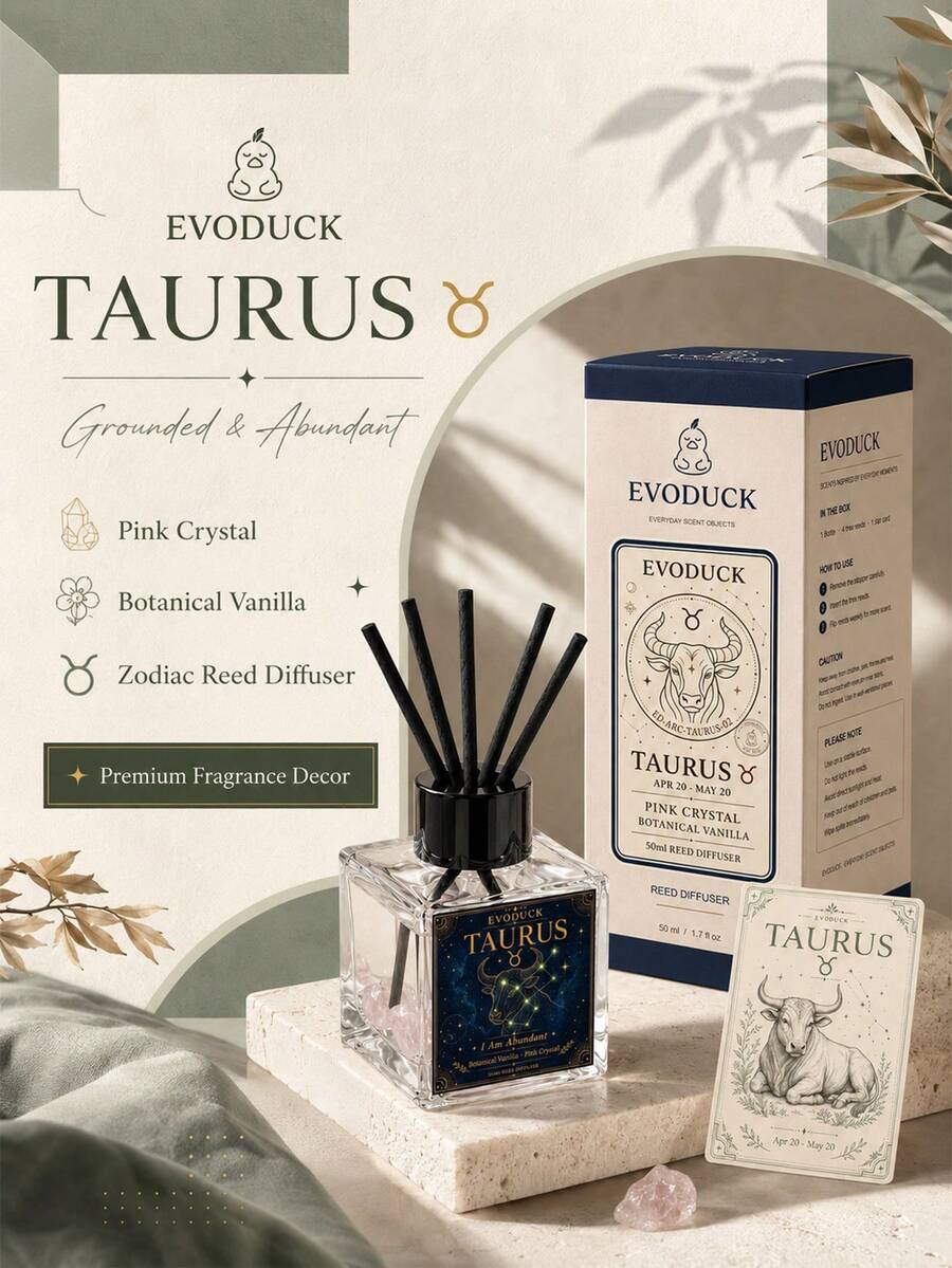 Taurus Zodiac Reed Diffuser 50ml, Botanical Vanilla Scented Oil Diffuser With Pink Crystal & 4 Fiber Reeds, Flameless Home Fragrance For Bedroom Bathroom Office, Astrology Birthday Gift For Women, Star Sign Room Decor - 無火系列 - 查看 1