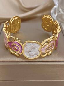 Vintage Romantic Stainless Steel Pink Irregular Floral Bangle Bracelet & Dried Flower Ring Women Jewelry Set,Daily Party Vacation Valentine's/Y2K/Boho - Multicolor - View 9