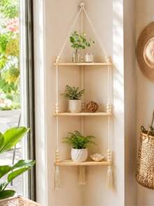 1 Étagère flottante murale en bois, pour exposer des photos et des plantes vertes. Convient pour la chambre, le salon et plus encore comme décoration de maison & murale, un cadeau idéal pour les anniversaires, les remises de diplômes et autres occasions. (Livré avec des cordes et 30 perles en bois.) - Beige - Voir 1