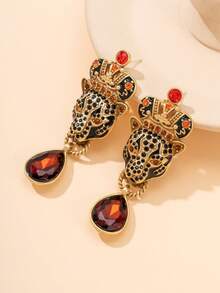 1 Pair Luxury Leopard Head Crown Stud Earrings With Red Teardrop Rhinestones, Vintage Distressed Gold Texture Women's Party Earrings Daily Accessories - Multicolor - View 4