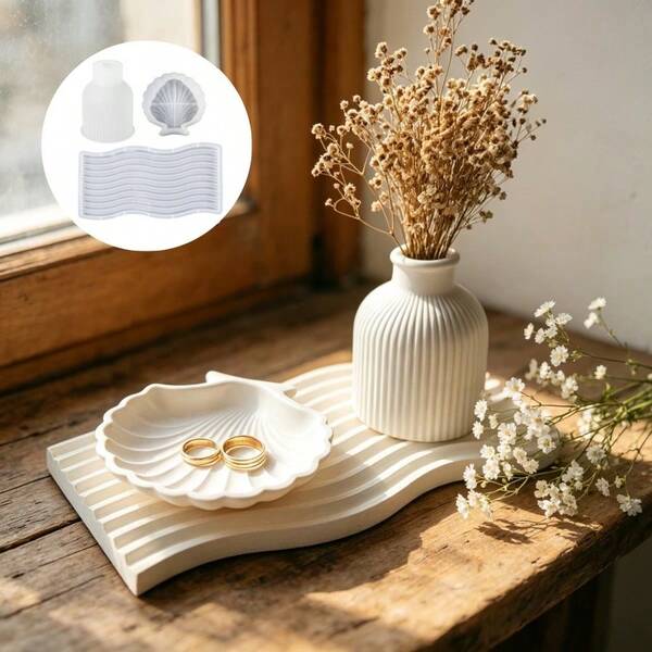SILIKE LUFEI Bộ 3 khuôn silicon đất sét: khay sóng dài, bình hoa sọc và đĩa vỏ sò, phù hợp cho resin, thạch cao, nến, sản phẩm liệu pháp hương thơm, trang trí trưng bày nhà cửa