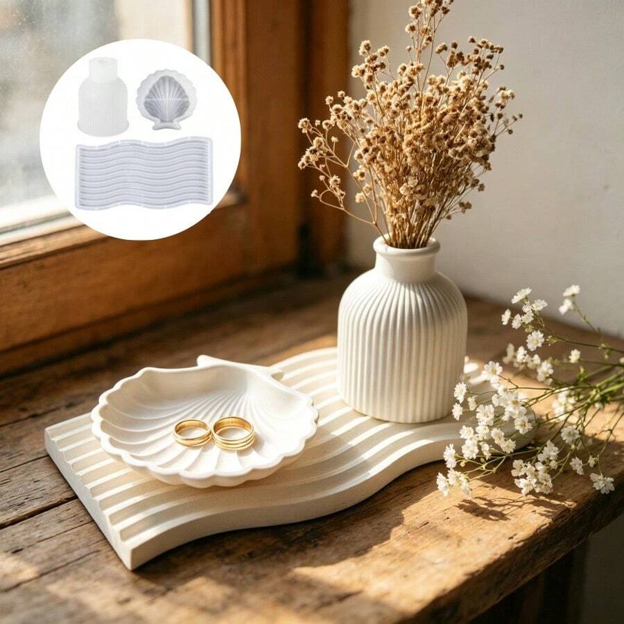 SILIKE LUFEI 3pcs Clay Silicone Mold Set: Long Wave Tray, Striped Vase & Shell Dish Decor Molds, Suitable For Resin, Plaster, Candle, Aromatherapy Products, Home Decor Display Silicone Molds - Silicone Mold - View 1