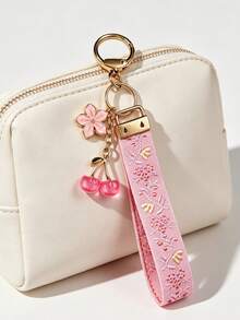 Double-Sided Embroidered Wrist Strap Keychain With Cherry & Flower Charms - Multicolor - View 3