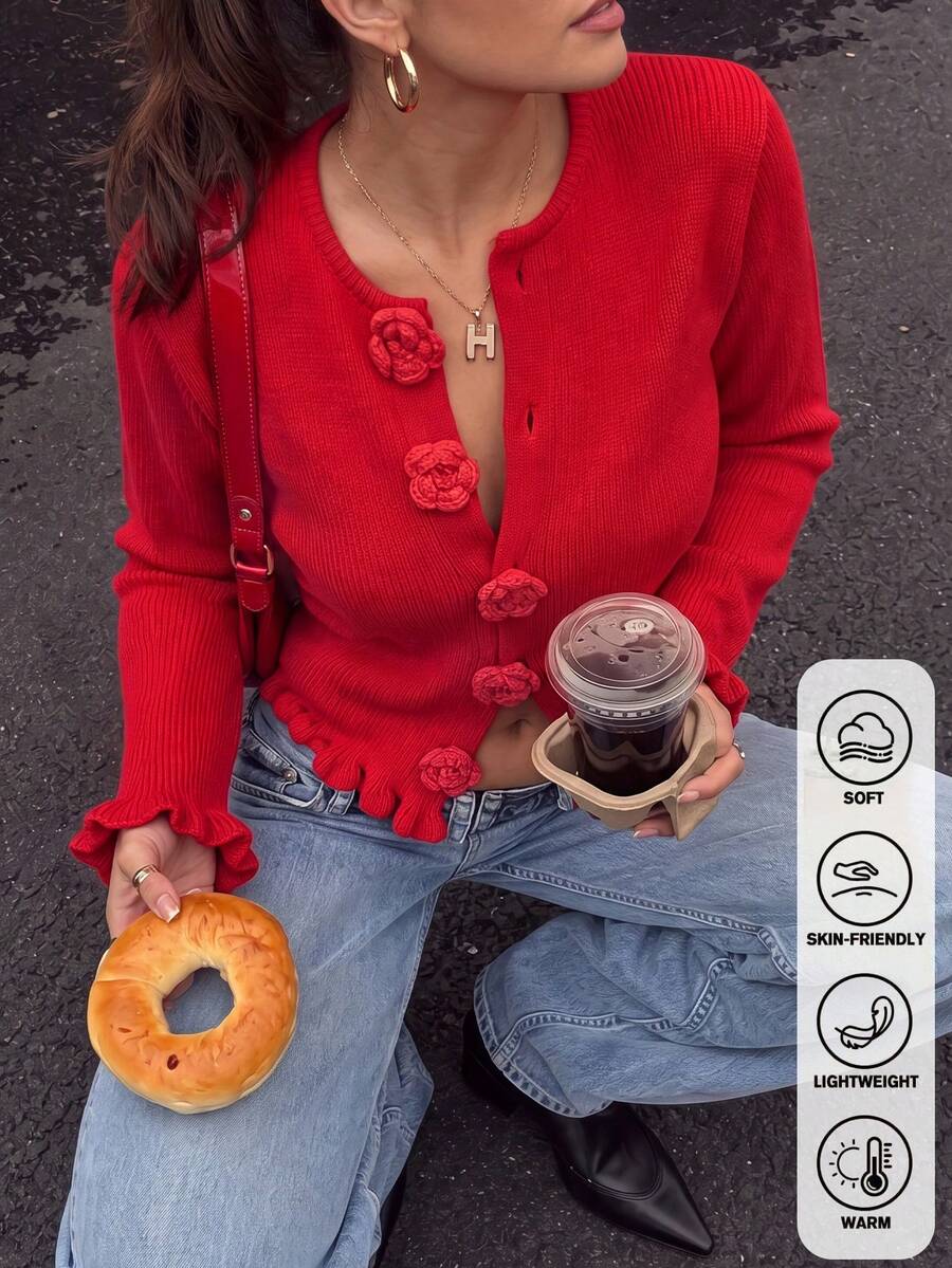Romantic Pink Round Neck Knit Cardigan 3D Rose Fasteners Ruffle Edge Long Sleeve For Fall Holiday Brunch City Strolls - Red - View 1