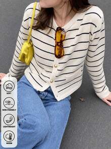 Nautical Striped V Neck Knit Cardigan Metallic Buttons Patch Pocket Cropped Knit Jacket For Thanksgiving Campus Looks - White - View 1