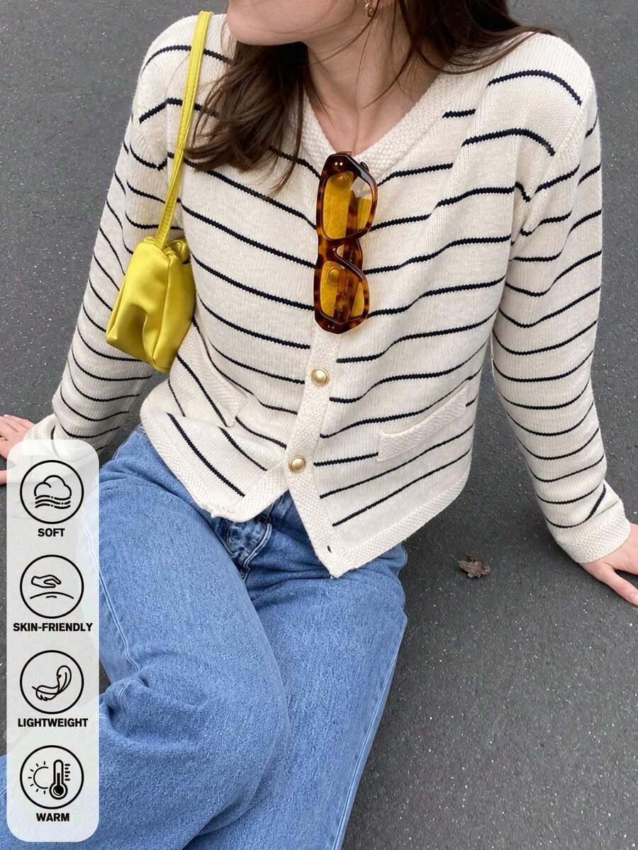 Nautical Striped V Neck Knit Cardigan Metallic Buttons Patch Pocket Cropped Knit Jacket For Thanksgiving Campus Looks - White - View 1