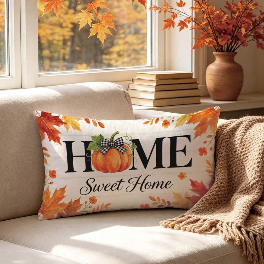 1pc Vintage Wood Grain HOME Pumpkin Maple Leaf Pillowcase, Skin-Friendly Peach Skin Velvet Material, Single-Sided Print 30*50/40*60CM, Suitable For Home Living Room Bedroom Sofa Decoration Cushion Cover, Holiday Gift, No Pillow Insert - Multicolor - View 1