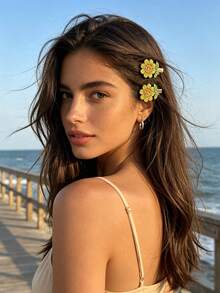 2 pezzi Fermagli per capelli a becco d'anatra con fiori di strass dolci e carini, fermagli laterali con foglie verdi e strass colorati, accessori per capelli da donna per uso quotidiano con capelli sciolti - Multicolore - Visualizzare 1