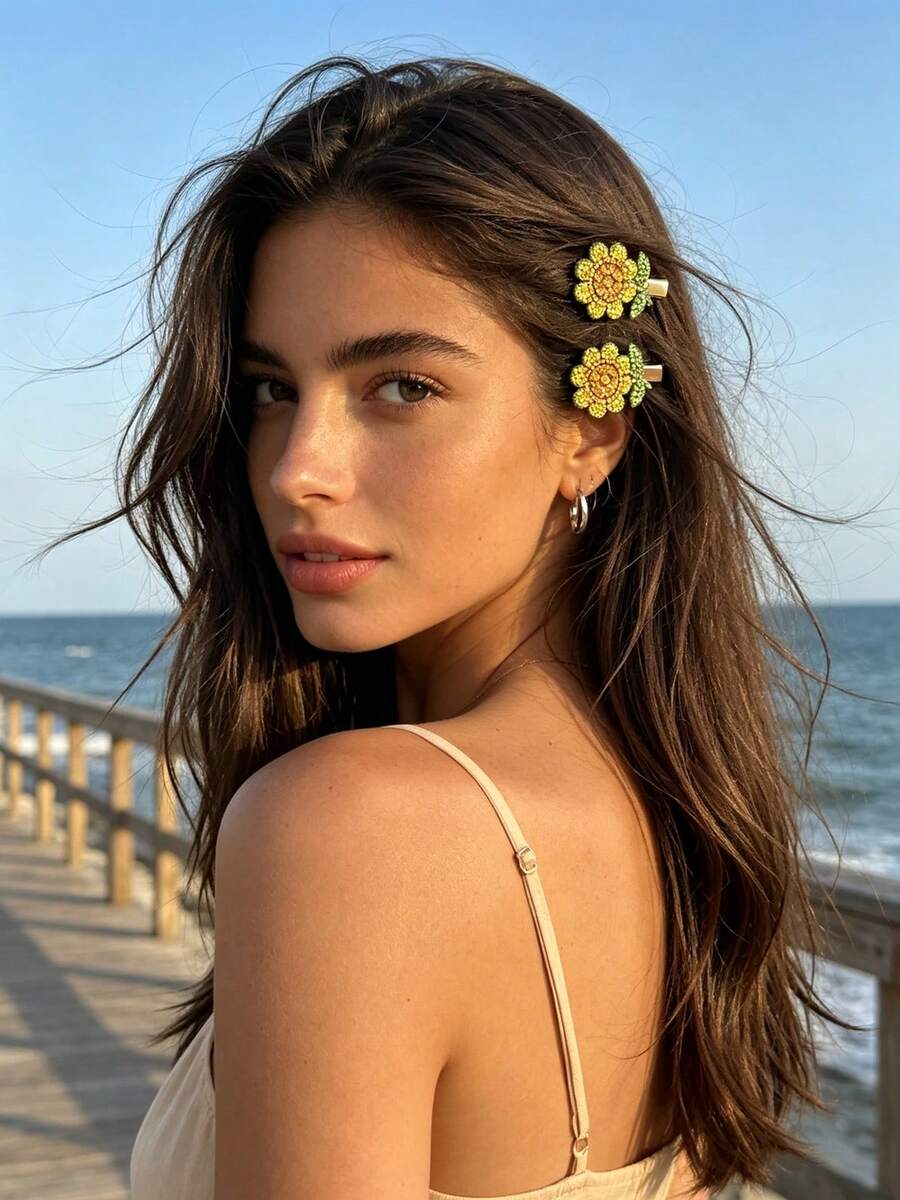 2 pezzi Fermagli per capelli a becco d'anatra con fiori di strass dolci e carini, fermagli laterali con foglie verdi e strass colorati, accessori per capelli da donna per uso quotidiano con capelli sciolti - Multicolore - Visualizzare 1