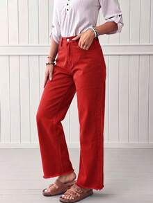 Celana Jeans Wanita Model Lurus Tanpa Peregangan Gaya Jalanan Vintage Amerika, Gaya Hip-Hop Eropa dan Amerika - Merah - View 5