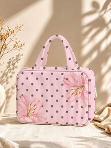 New Polka Dot Makeup Bag, Toiletry Bag, Travel Organizer Bag, Lightweight Portable Handheld Travel Makeup Storage Bag, Toiletry Bag, Fresh Daily Storage Bag, Compact Portable Style, Corduroy Material, Polka Dot Print Decoration, Top Handle Makeup Bag, Minimalist Casual Large Capacity Commuter Bag, Fashion Polka Dot One Shoulder Handbag, Suitable For Daily Wear - Multicolor - View 4