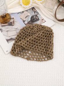 1pc Vintage Hollow Out Knitted Beanie, Pearl Pendant Headscarf, Vacation Style Mesh Cap, Boho Chic - Multicolor - View 5