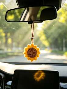 1pc Woven Sunflower & Bee Car Rearview Mirror Hanging Decoration, Car Interior Accessory - A - View 1