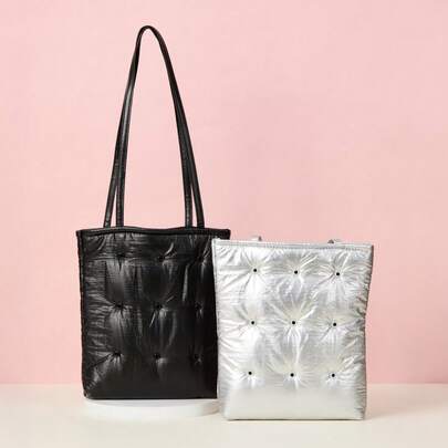 Miniso 1 Stück modische Damen Schultertasche, metallisch einfarbig rautenförmig geprägt gesteppt mit Cut Out Knopf, geeignet für Dates, Ausflüge, Partys