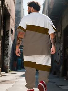 Men's Street Casual Minimalist Series "Color Block " Pattern Sports Set - Polyester Knit Fabric, Crew Neck Design, Drawstring Cuffed Pants, Pocket Details, Regular Fit, Suitable For Plus Size - Khaki - View 2
