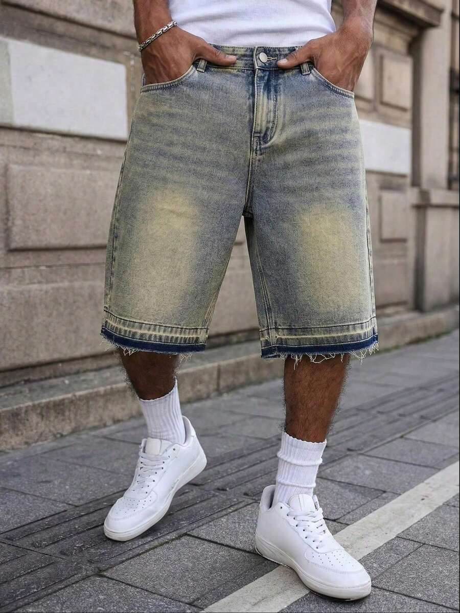Mud Yellow Washed Straight-Leg Cropped Jeans, With Frayed Hem Design, Featuring Distressed And Faded Effect, Vintage Casual Shorts - Mustard Yellow - View 1