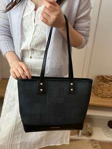 Bolsa Tote Texturizada de Ombro 2026 Nova Moda Executiva, Grande Capacidade, Estilo Coreano Retrô, Bolsa Grande Feminina para Viagem - Preto - Visão 2
