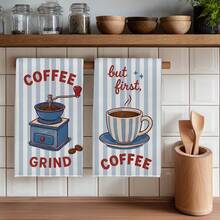 2PCS Blue Striped Coffee Healing Theme Printed Kitchen Towels, 40*60cm Rectangular Microfiber Dish Cloths, Tablecloths, Hand Towels, Kitchen Decor, Home Decor, Housewarming Gift For Neighbors, Perfect For Kitchen And Bathroom Use, Suitable For Housewives And Family Gatherings, High Cost-Performance, Home Essential - Royal Blue - View 1