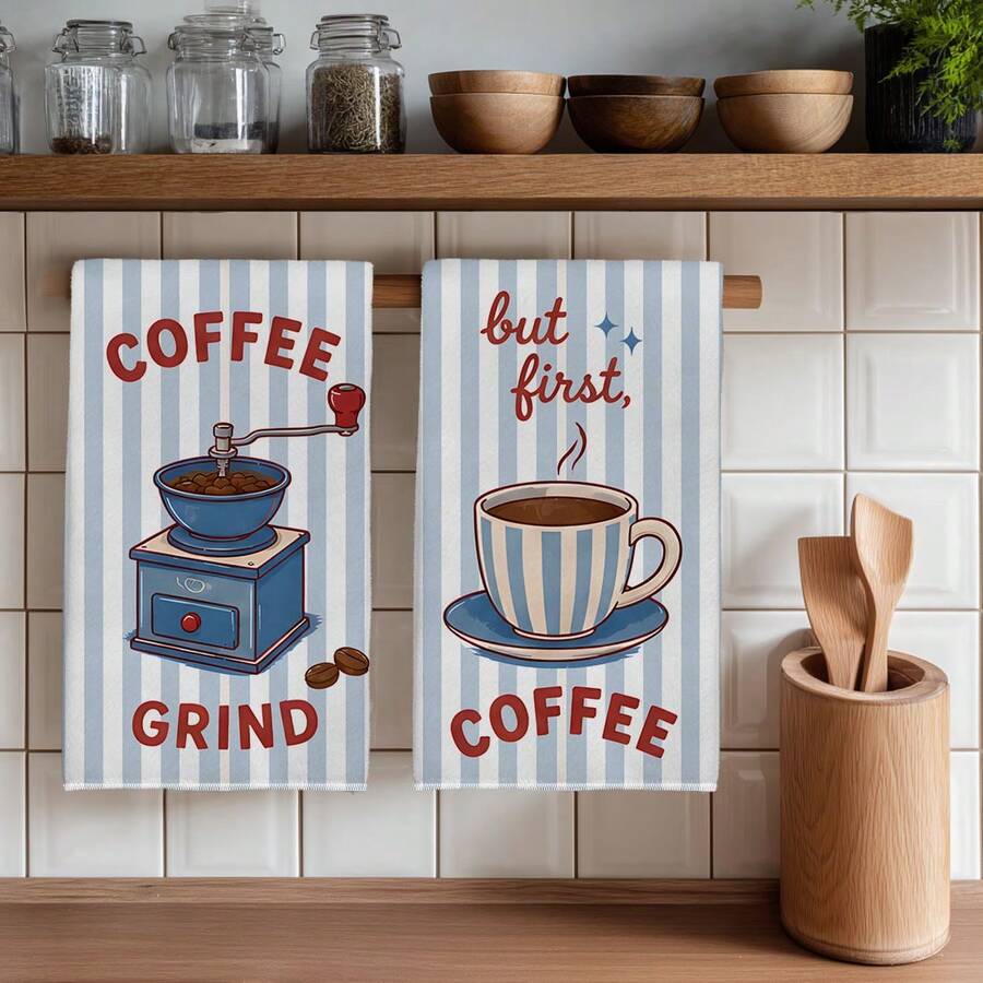 2PCS Blue Striped Coffee Healing Theme Printed Kitchen Towels, 40*60cm Rectangular Microfiber Dish Cloths, Tablecloths, Hand Towels, Kitchen Decor, Home Decor, Housewarming Gift For Neighbors, Perfect For Kitchen And Bathroom Use, Suitable For Housewives And Family Gatherings, High Cost-Performance, Home Essential - Royal Blue - View 1