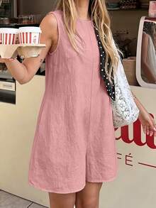 DORISS 夏季杏色無袖寬鬆短版連身褲 亞麻材質 休閒街頭通勤旅行款 - 灰粉 - 查看 4