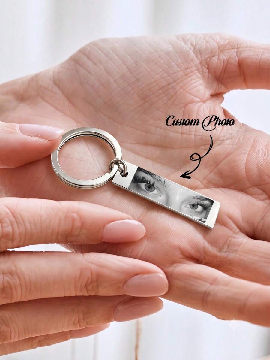 1PC Personalized Couple Eye Photo Keychain | Customized Rectangular Long Photo Keychain | Stainless Steel Long Customized Keychain | Gold Silver Black Couple Photo Keychain | Family Memorial Photo Keychain | Personalized Customized Eye Keychain | Gift For Couples Anniversary | Valentine's Day Gift, Gift For Boyfriend, Anniversary Gift, Gift For Husband He She, Long Distance Relationship Gift - Custom Keychains - View 1