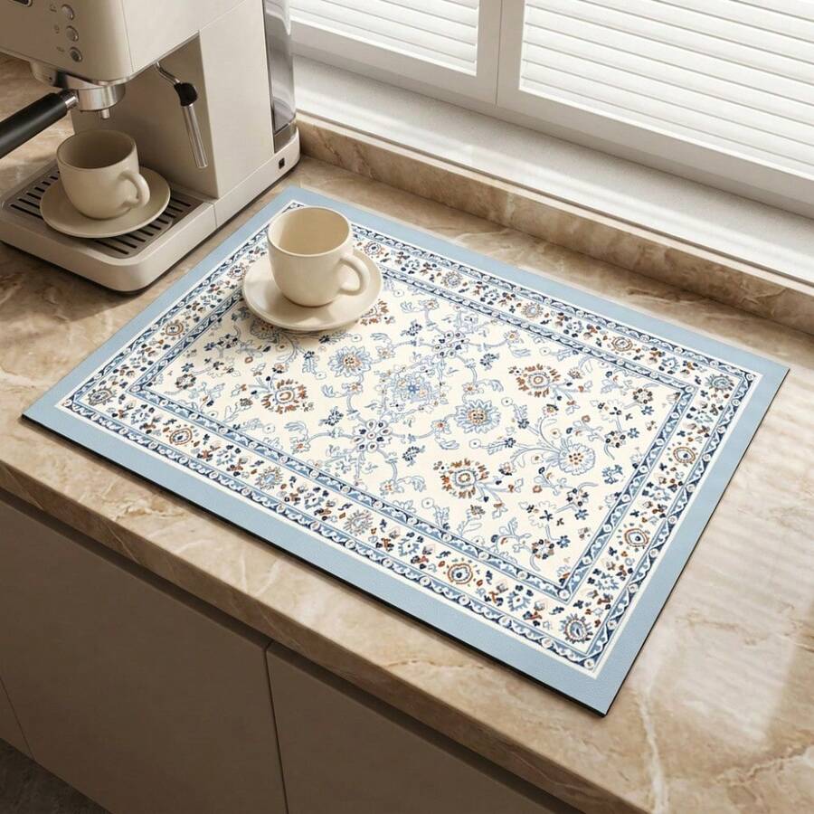 1 buah Alas Pengering Piring, Alas Mesin Kopi, Alas Meja Motif Bunga Biru Putih Elegan dengan Desain Penyerap, Cocok untuk Kafe dan Penggunaan di Rumah, Alas Pengering Serbaguna, Hadiah Rumah, Dekorasi Meja
